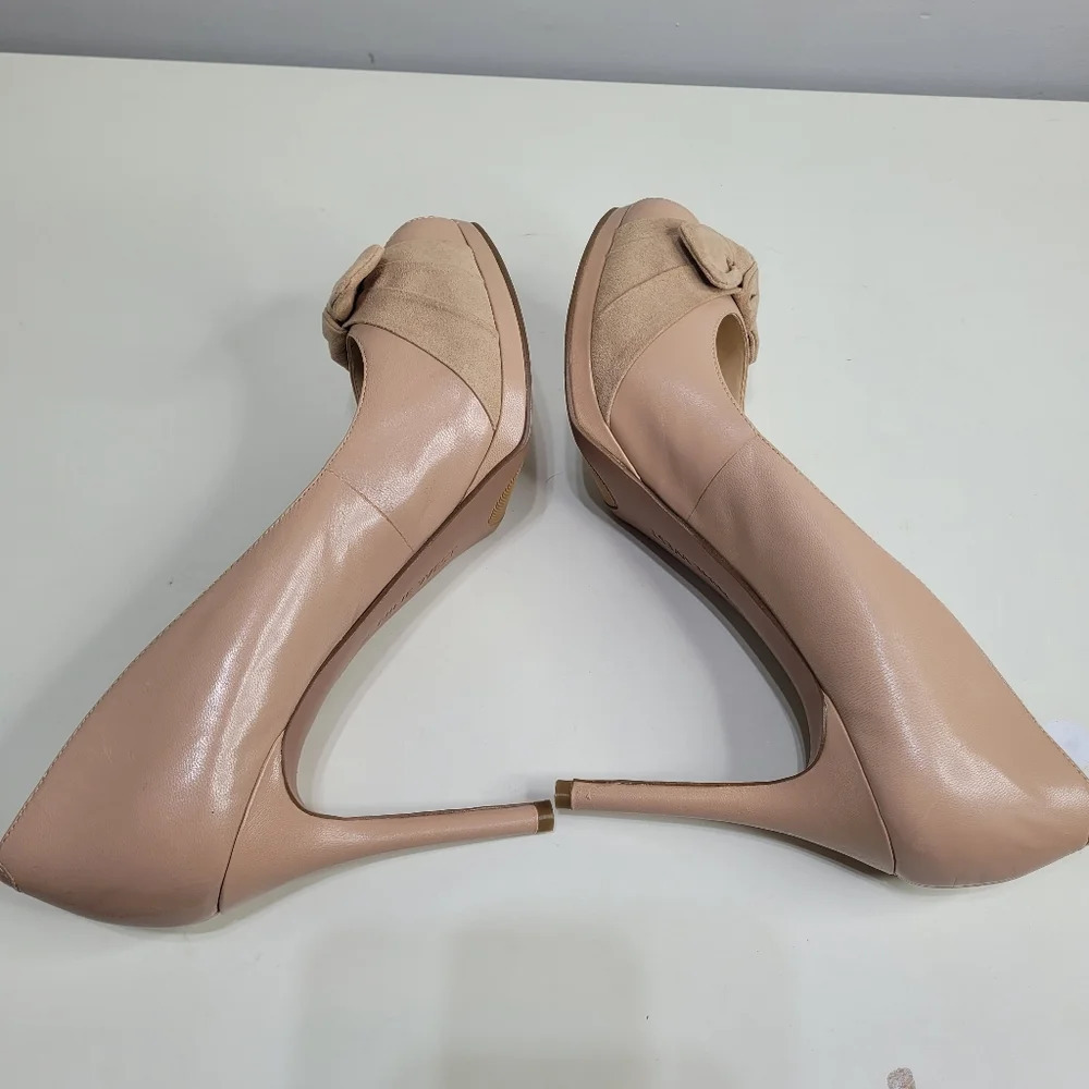 Nine West Fealey Peep Toe Leather Beige Platform Pumps Size Women's 11 with Box - Picture 5 of 16